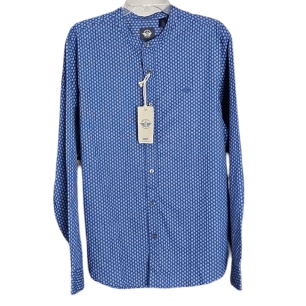 NWT‎ Dockers Alpha Khaki Slim Band Collar Blue Print Shirt Men's Medium